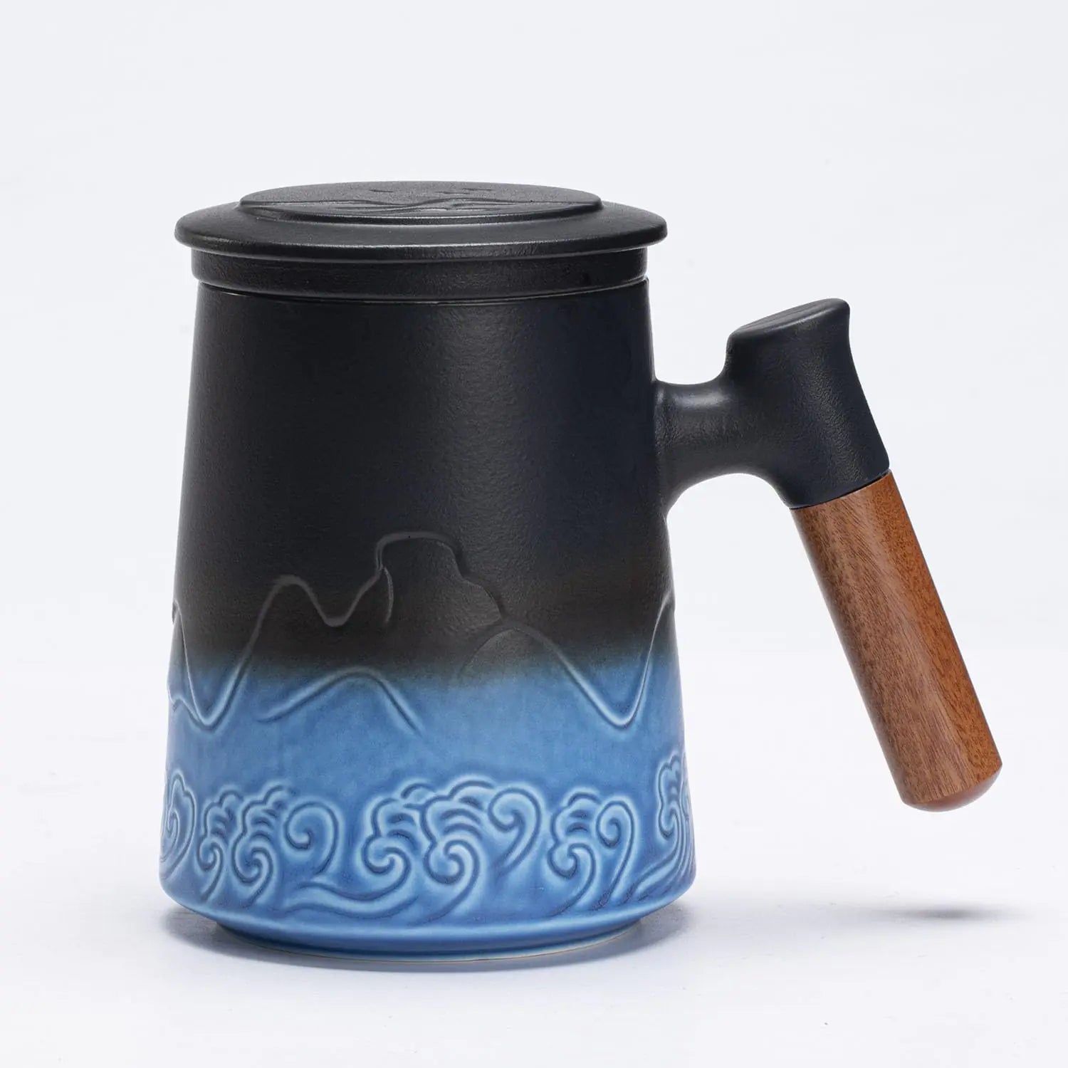 Tea Mug Ceramic Tea Cup with Infuser and Lid Auspicious Cloud Pattern Ceramic Mug with Wooden Handle 13Ounce Porcelain Cup for Steeping Loose Leaf Tea (Classic Gradient)