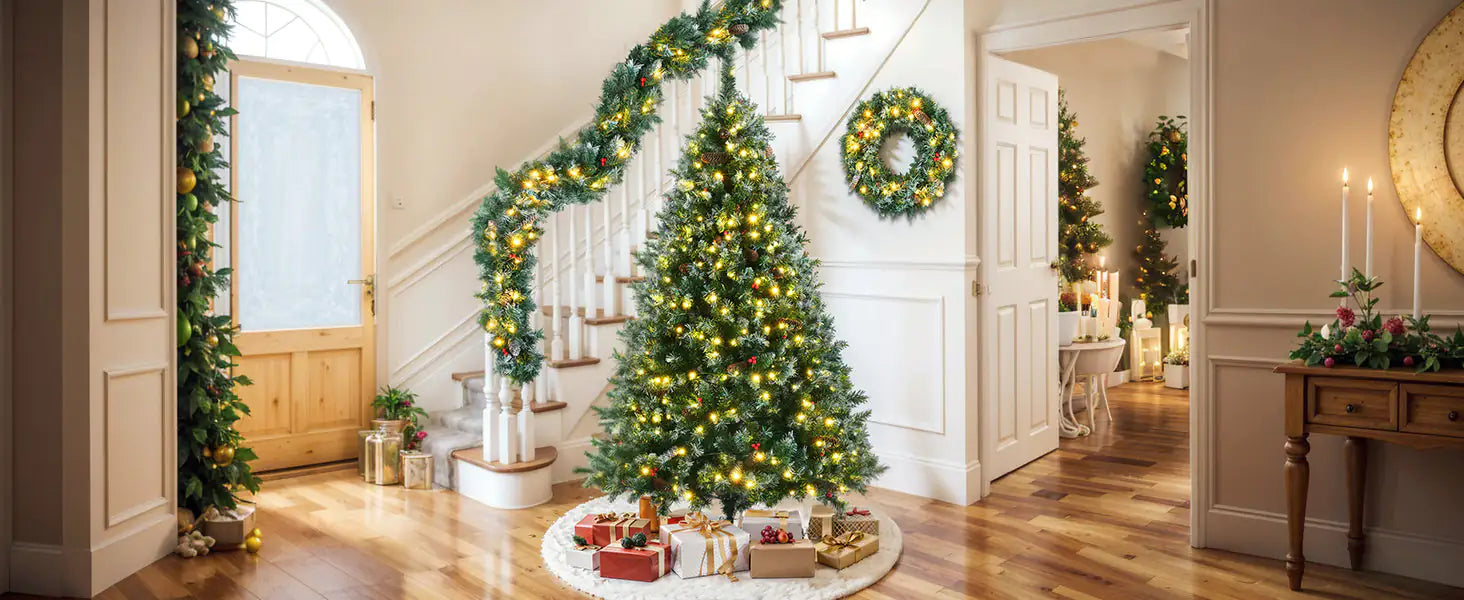 6 Feet Dark Green Pine Christmas Tree, Pre-Installed Lighting Set With Tree, Garland & Garland, Hinged Artificial Christmas Tree,