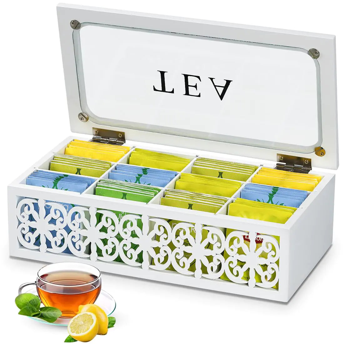 handrong Tea boxWood Organizer and Storage12 Compartments Tea Box Organizer Tea Organizer for Tea Bags with Clear Glass WindowTea Bag Holder Organizer for Countertop Kitchen Cabinet Pantry