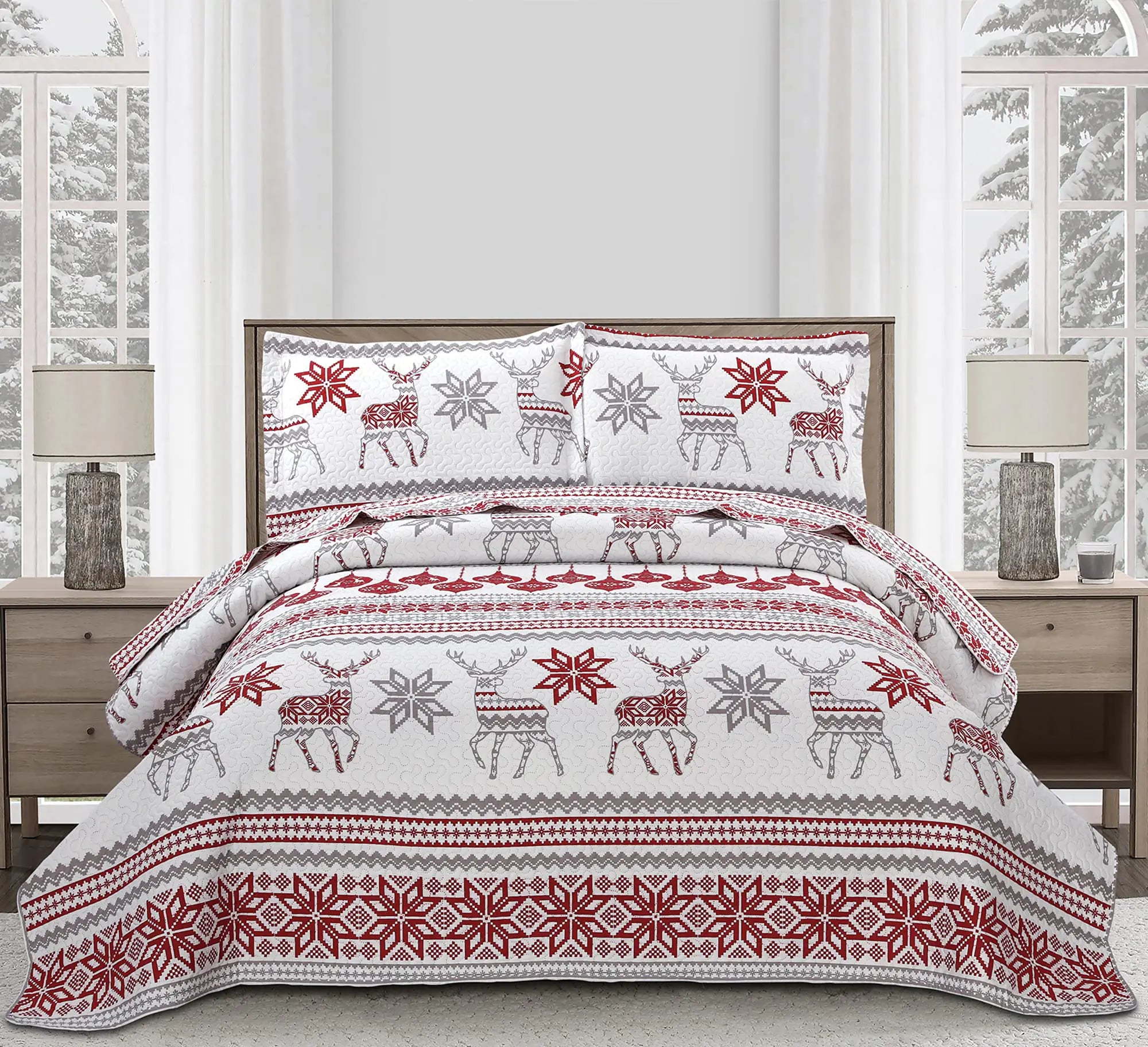 Christmas Quilt Set Queen Size Christmas Bedding Xmas Quilt Bedspread Coverlet Holiday Christmas Quilt Bedding Deer Snowflake Christmas Decor Quilt Soft Lightweight Christmas Quilt BeddingRed White