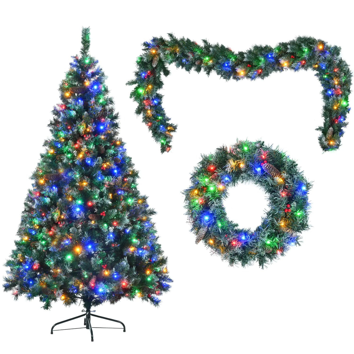 6 Feet Dark Green Pine Christmas Tree, Pre-Installed Lighting Set With Tree, Garland &amp; Garland, Hinged Artificial Christmas Tree,