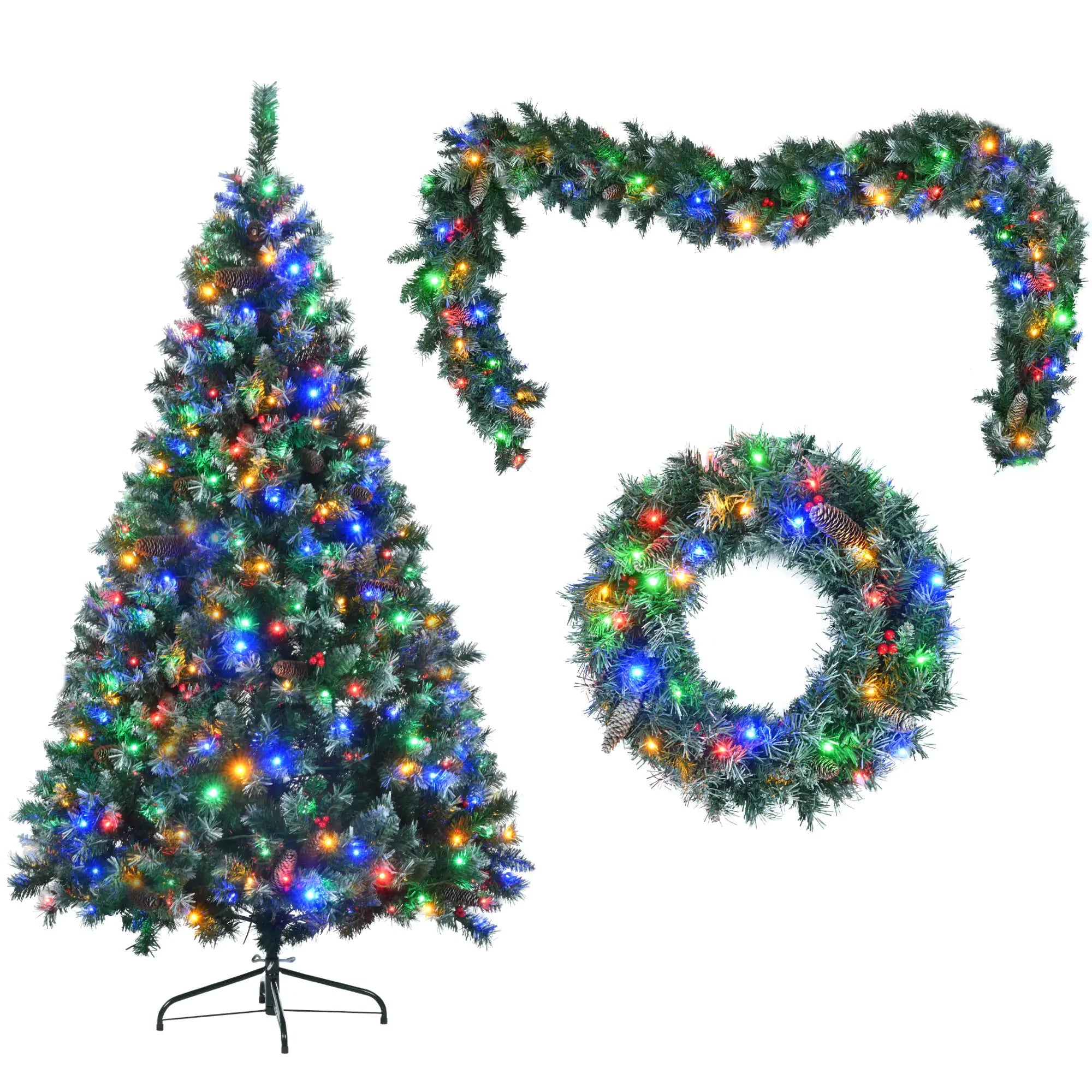 6 Feet Dark Green Pine Christmas Tree, Pre-Installed Lighting Set With Tree, Garland &amp; Garland, Hinged Artificial Christmas Tree,