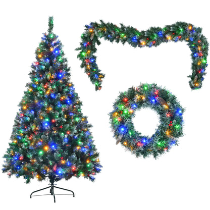 6 Feet Dark Green Pine Christmas Tree, Pre-Installed Lighting Set With Tree, Garland &amp; Garland, Hinged Artificial Christmas Tree,
