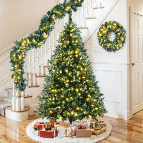 6 Feet Dark Green Pine Christmas Tree, Pre-Installed Lighting Set With Tree, Garland &amp; Garland, Hinged Artificial Christmas Tree,