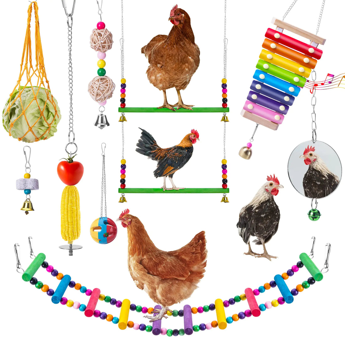 Chicken Enrichment Toys Set – Fun Pecking, Swing &amp; Mirror Toys with Vegetable Feeder