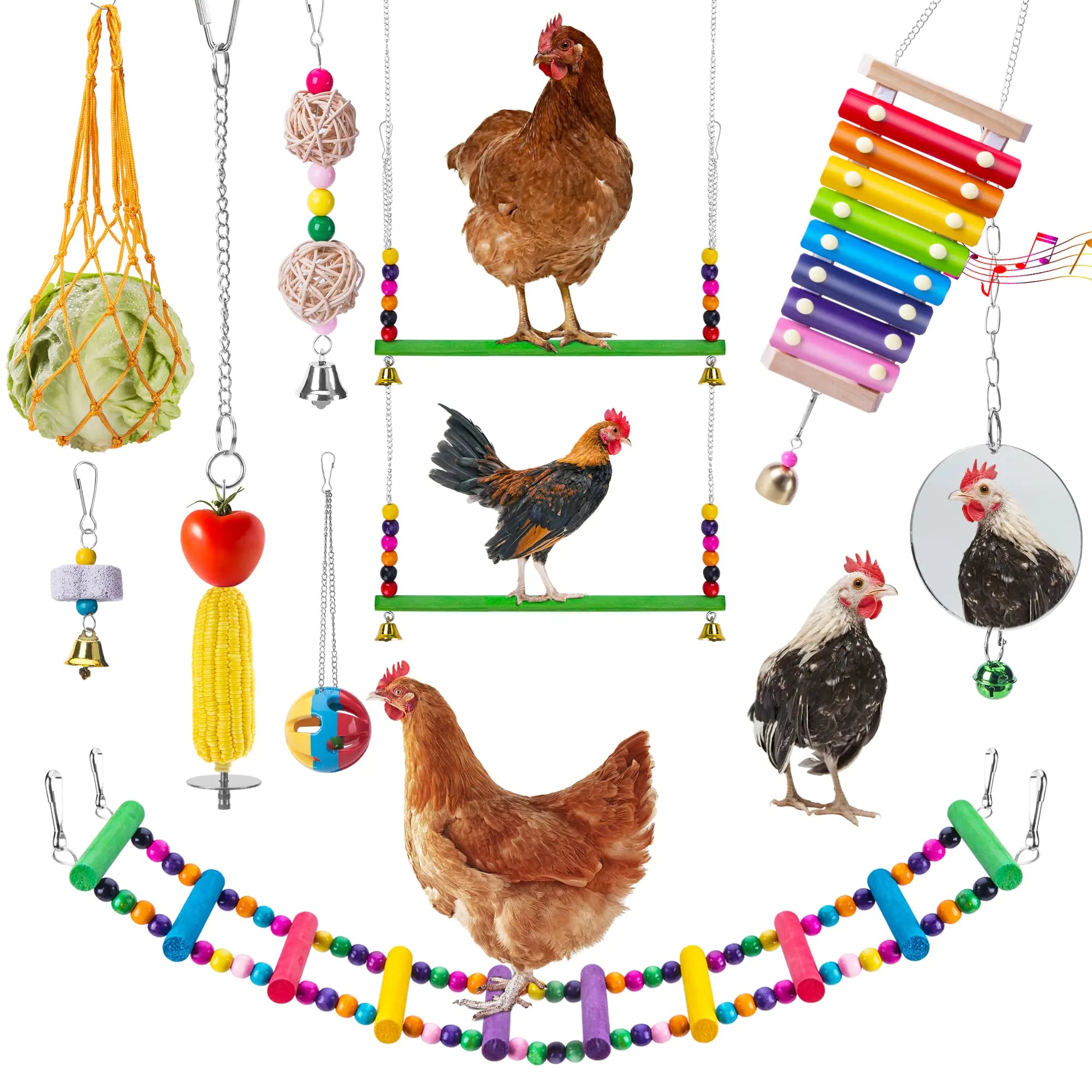 Chicken Enrichment Toys Set – Fun Pecking, Swing &amp; Mirror Toys with Vegetable Feeder