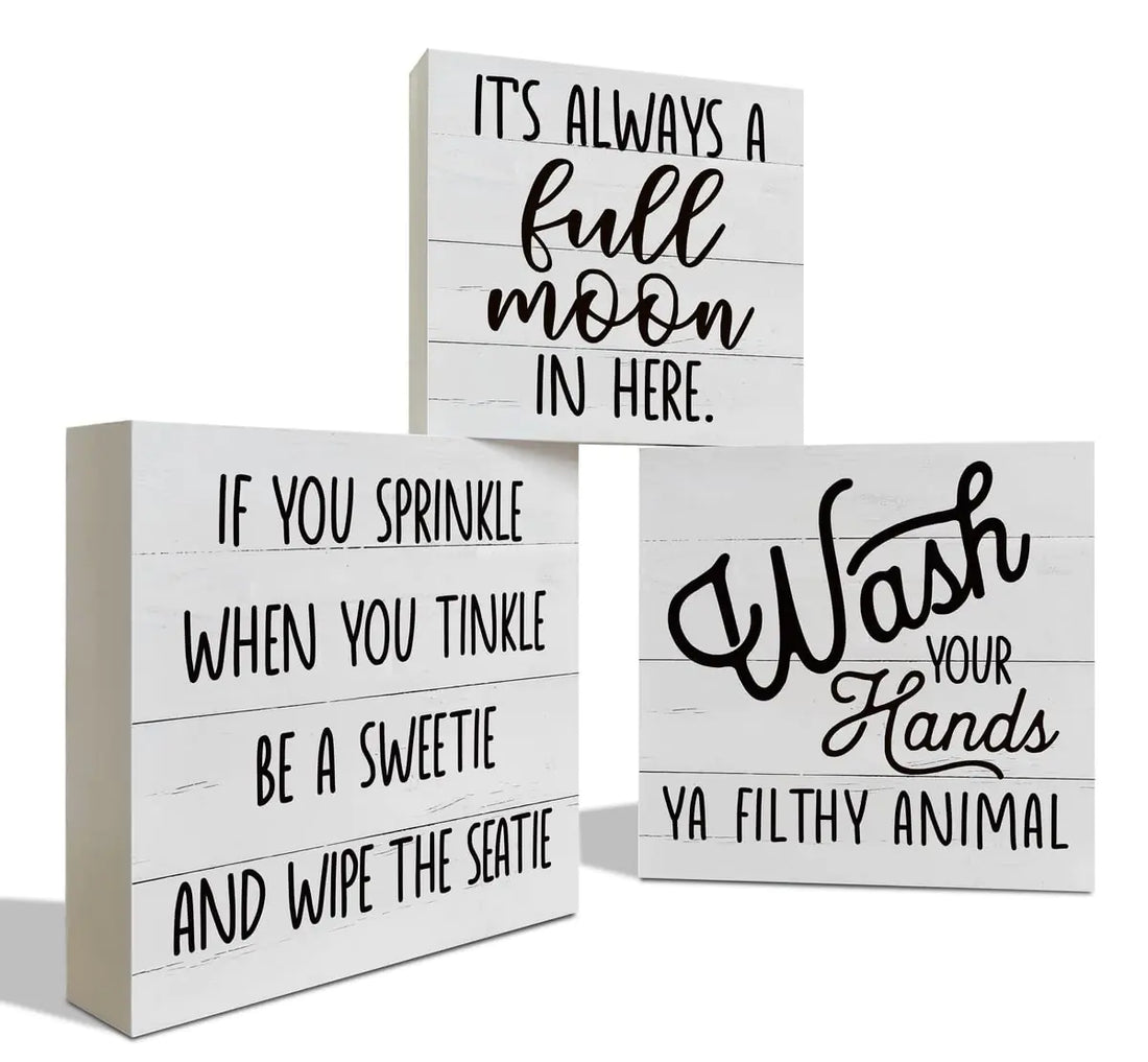 Farmhouse Wood Bathroom Decor Set – 3-Piece Rustic Tiered Tray &amp; Funny Signs