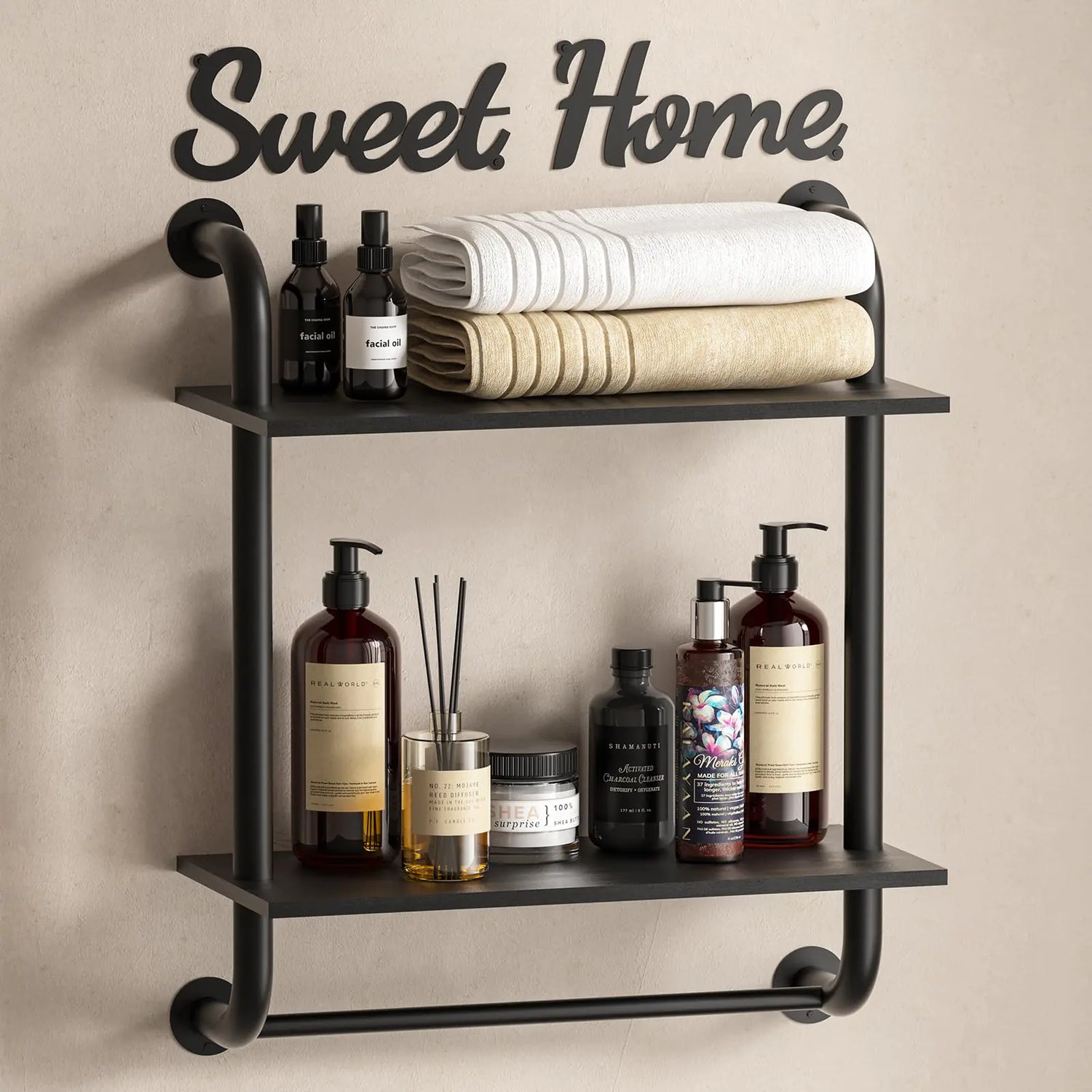 Rustic Farmhouse Pipe Wall Shelf – 2-Tier Industrial Floating Shelf, 17.3’’ Black