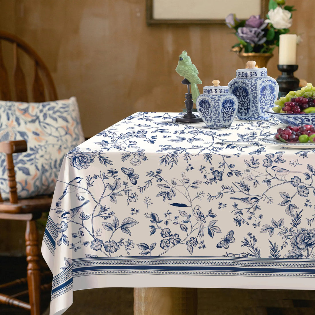 Virtumob Blue Floral Birds Tablecloth