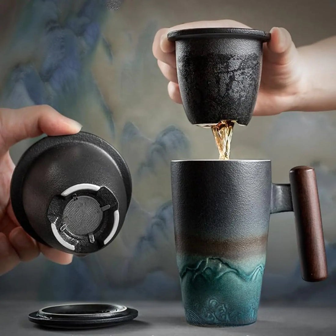 Mattys Garden Ceramic Tea Mug with Infuser and Lid Tea Mugs Wooden Handle 14 ounces | Black Coffee Mug with Lid and Infuser