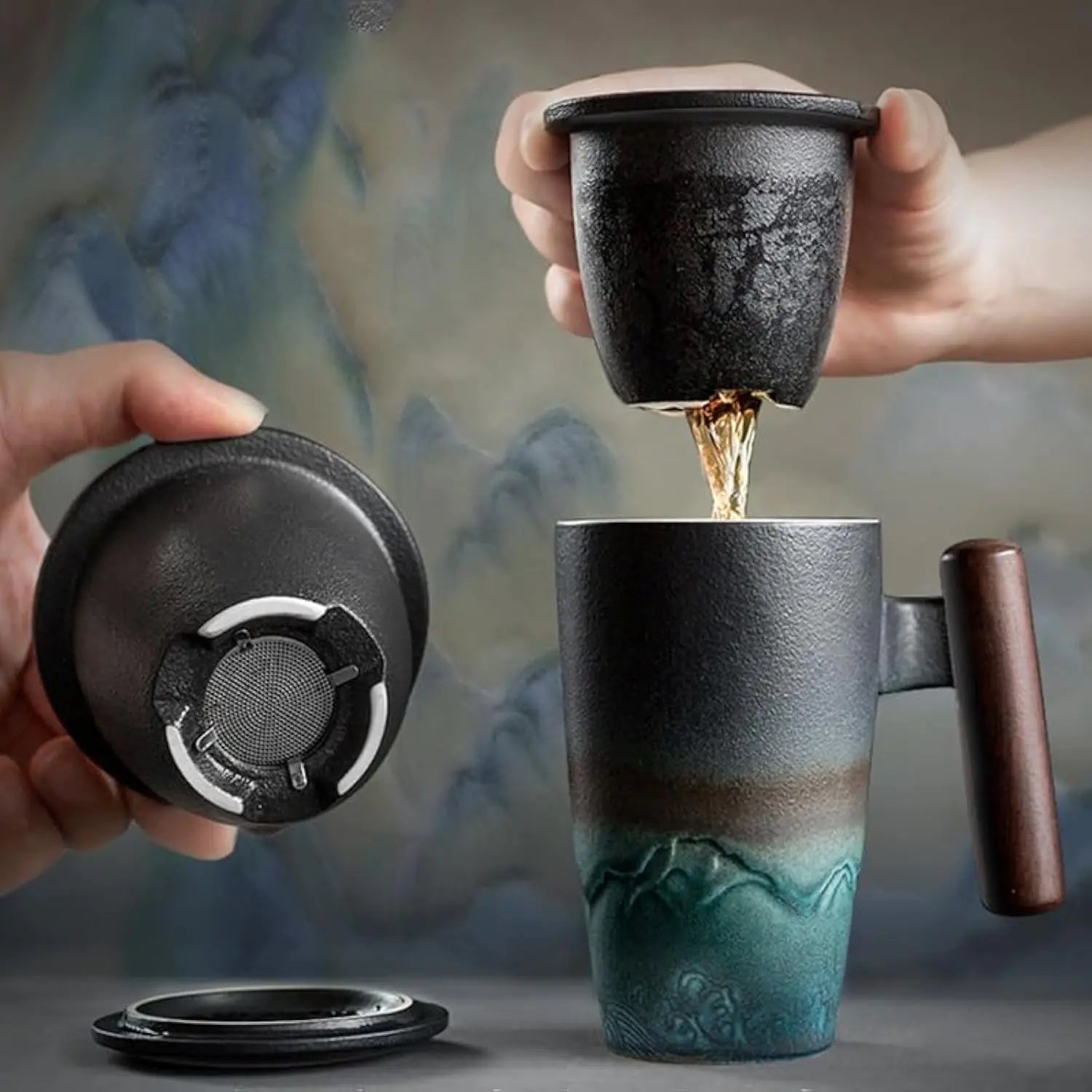 Mattys Garden Ceramic Tea Mug with Infuser and Lid Tea Mugs Wooden Handle 14 ounces | Black Coffee Mug with Lid and Infuser
