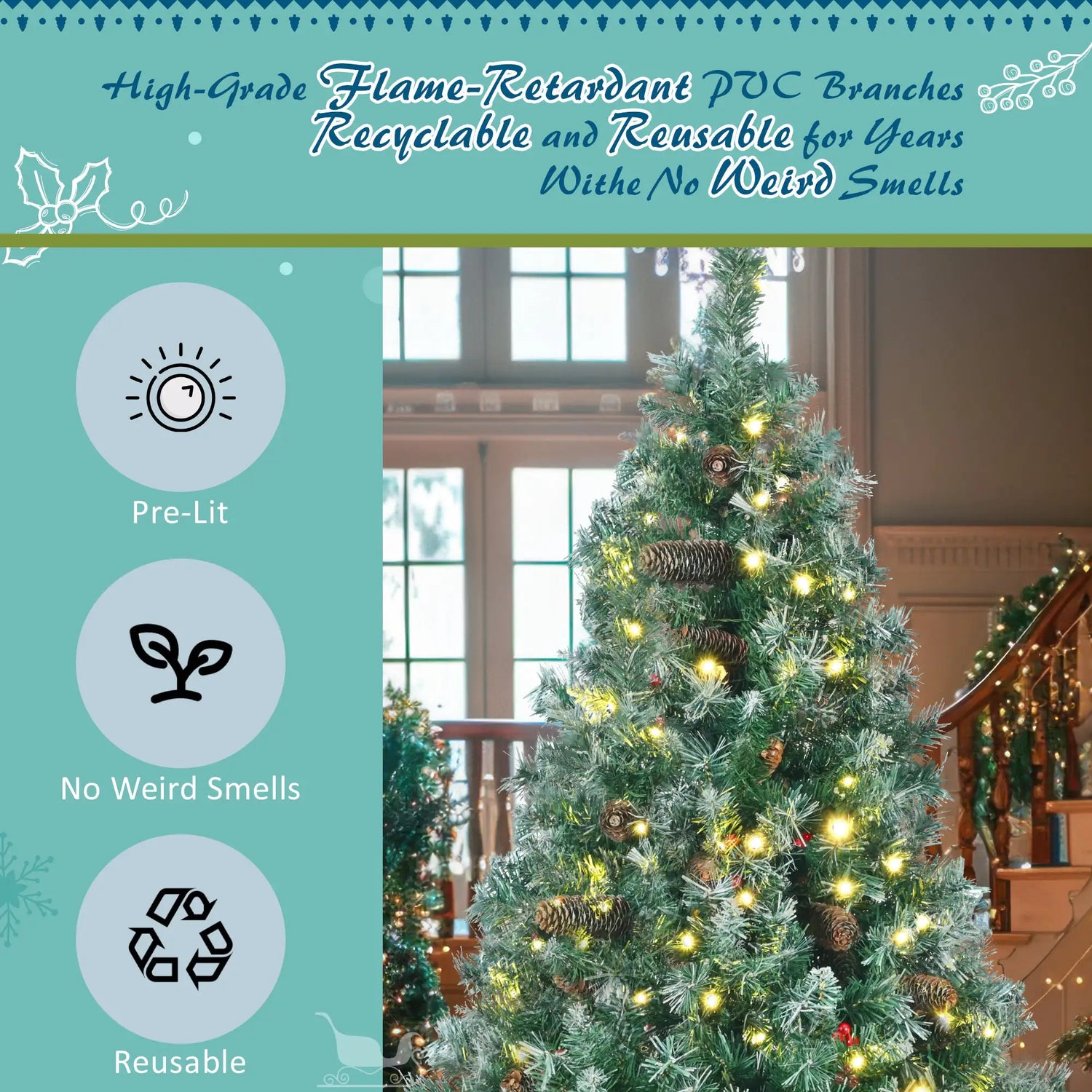 6 Feet Dark Green Pine Christmas Tree, Pre-Installed Lighting Set With Tree, Garland &amp; Garland, Hinged Artificial Christmas Tree,