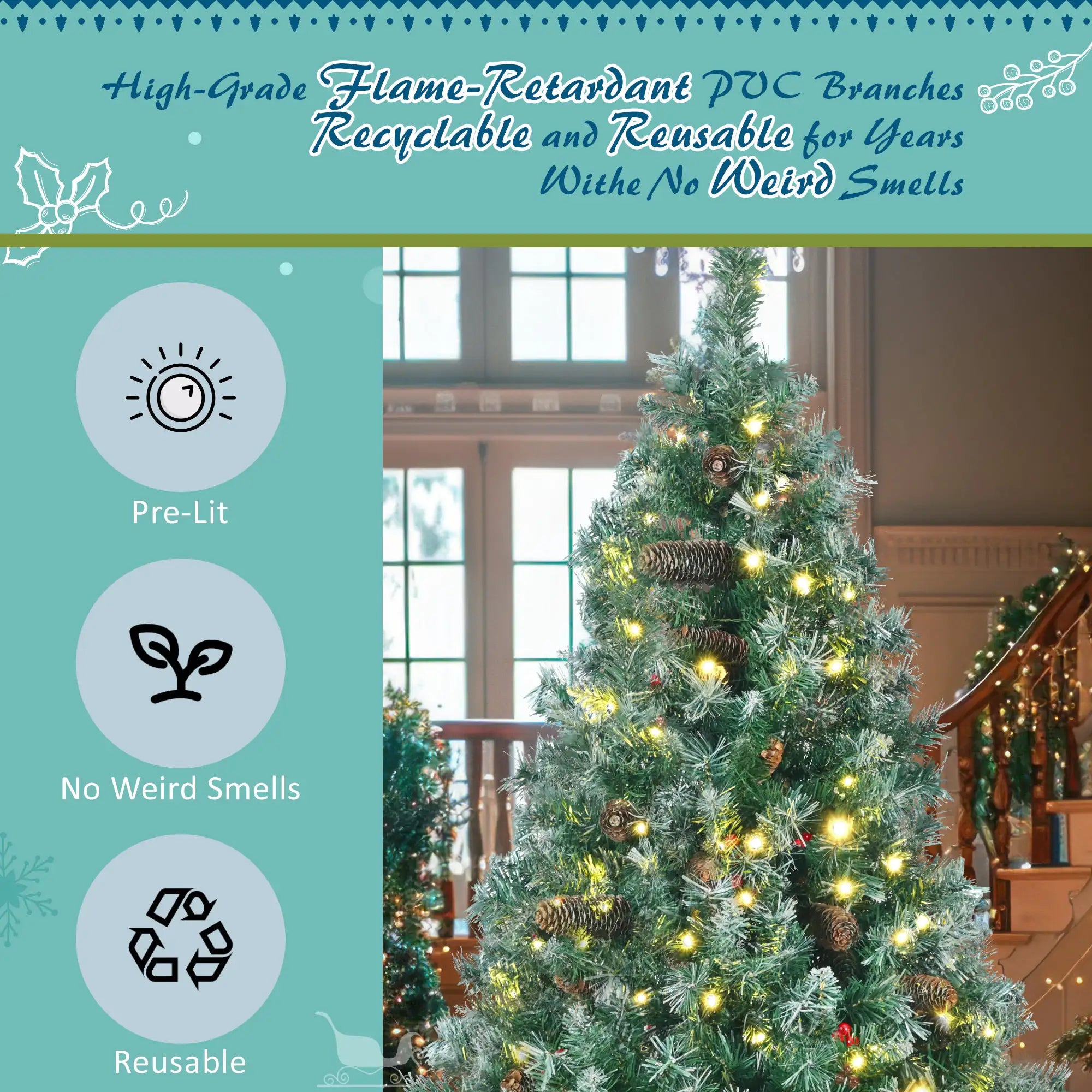 6 Feet Dark Green Pine Christmas Tree, Pre-Installed Lighting Set With Tree, Garland &amp; Garland, Hinged Artificial Christmas Tree,