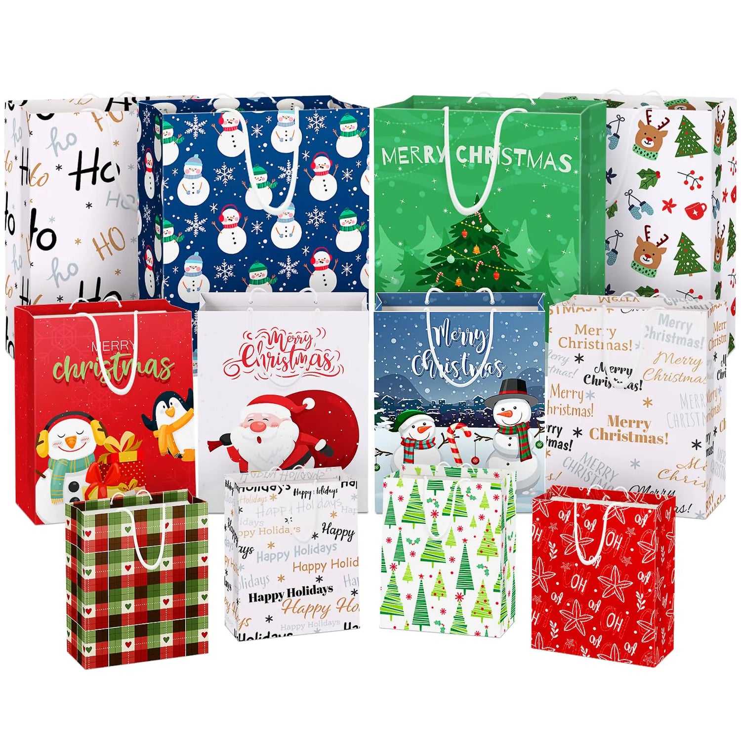 DeckTheHalls 12 Pack Christmas Gift Bags with Soft Cotton Handles - Christmas Bags with 12 Designs for Presents Shopping Parties Holiday Gift Bags(Small 6’’ Medium 9’’ Large 13’’)