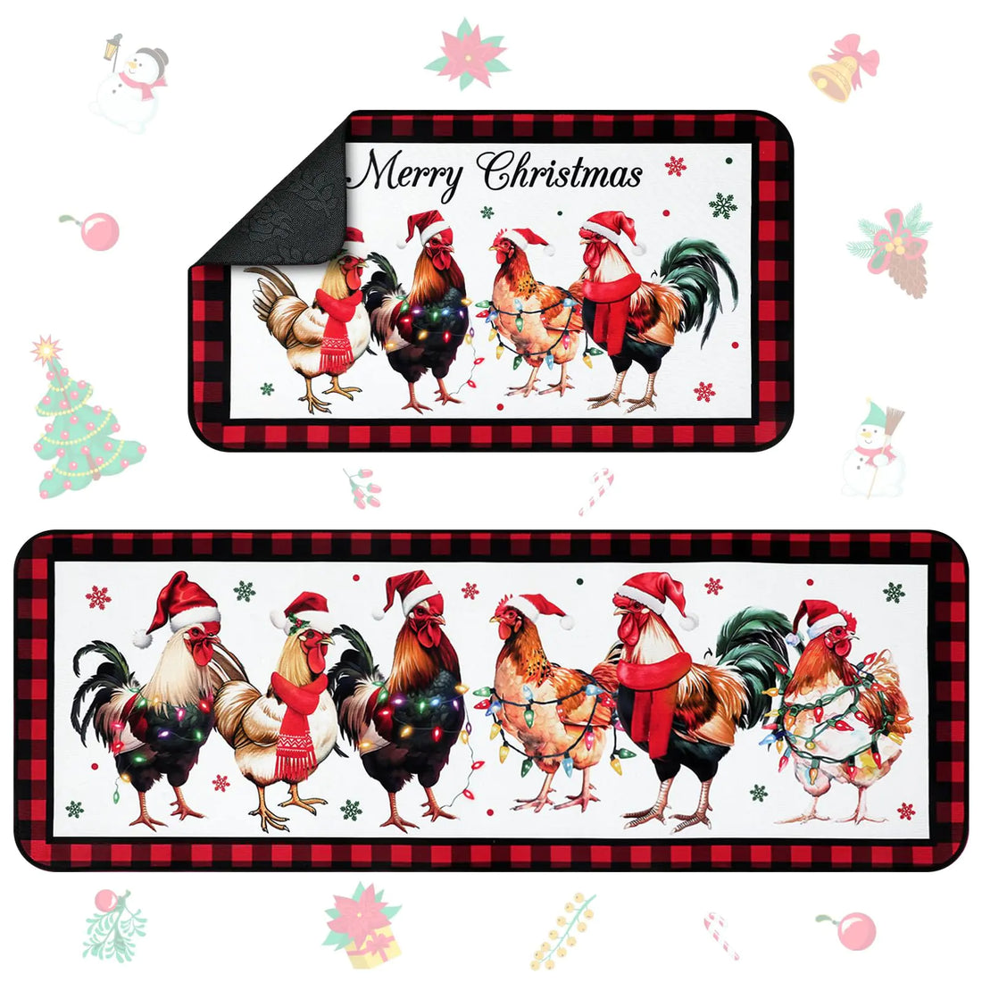 Bencailor 2 Pcs Farmhouse Kitchen Rugs Farm Rooster Welcome Door Mats Non Slip Washable Decorative Doormat Absorbent Carpets Floor Mat for Indoor Outdoor Home Decorations(Christmas Rooster)