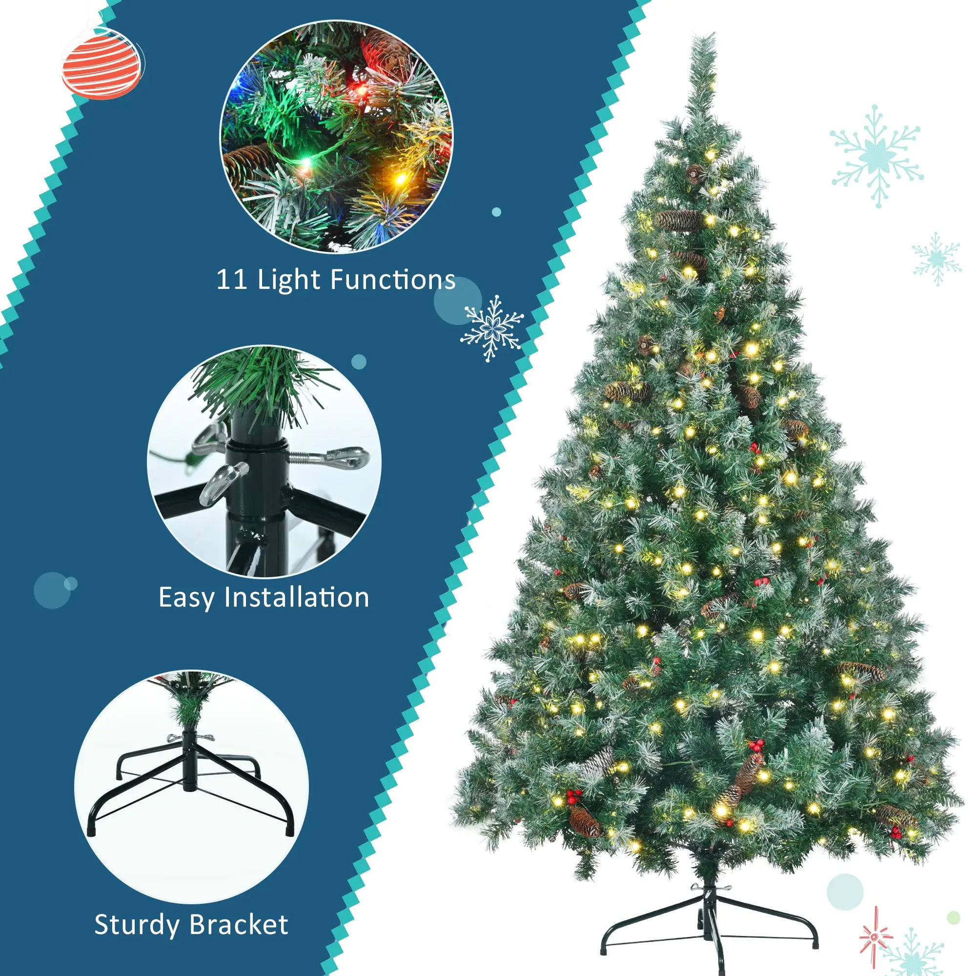 6 Feet Dark Green Pine Christmas Tree, Pre-Installed Lighting Set With Tree, Garland &amp; Garland, Hinged Artificial Christmas Tree,
