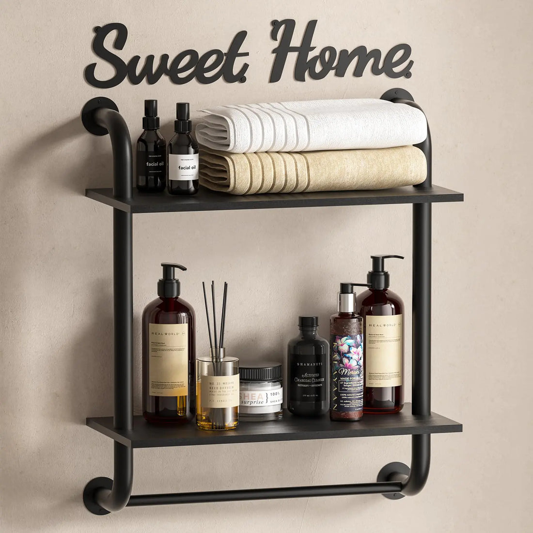 Rustic Farmhouse Pipe Wall Shelf – 2-Tier Industrial Floating Shelf, 17.3’’ Black