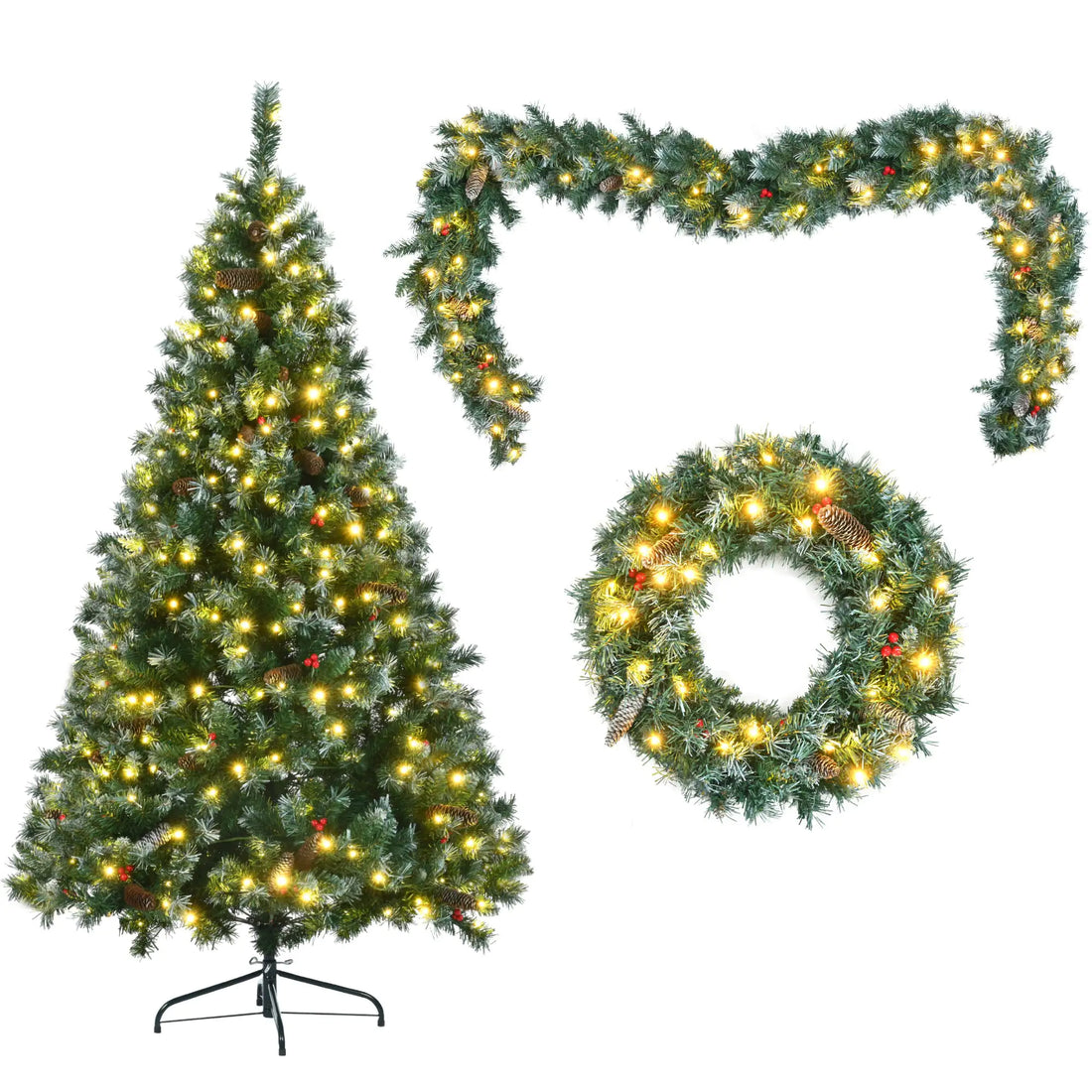 6 Feet Dark Green Pine Christmas Tree, Pre-Installed Lighting Set With Tree, Garland &amp; Garland, Hinged Artificial Christmas Tree,