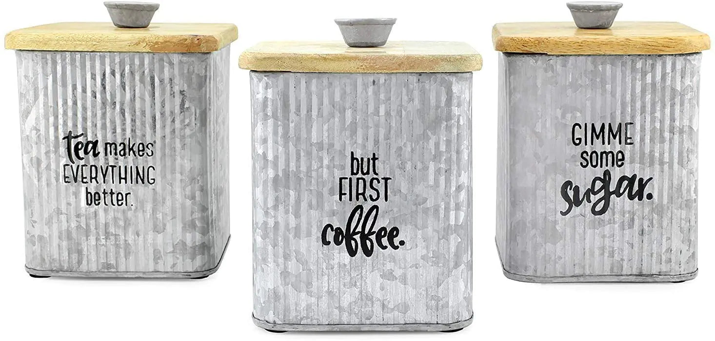 AuldHome Design Farmhouse Galvanized Canisters (Set of 3); Storage Containers for Coffee Tea and Sugar in Galvanized Iron and Wood Design
