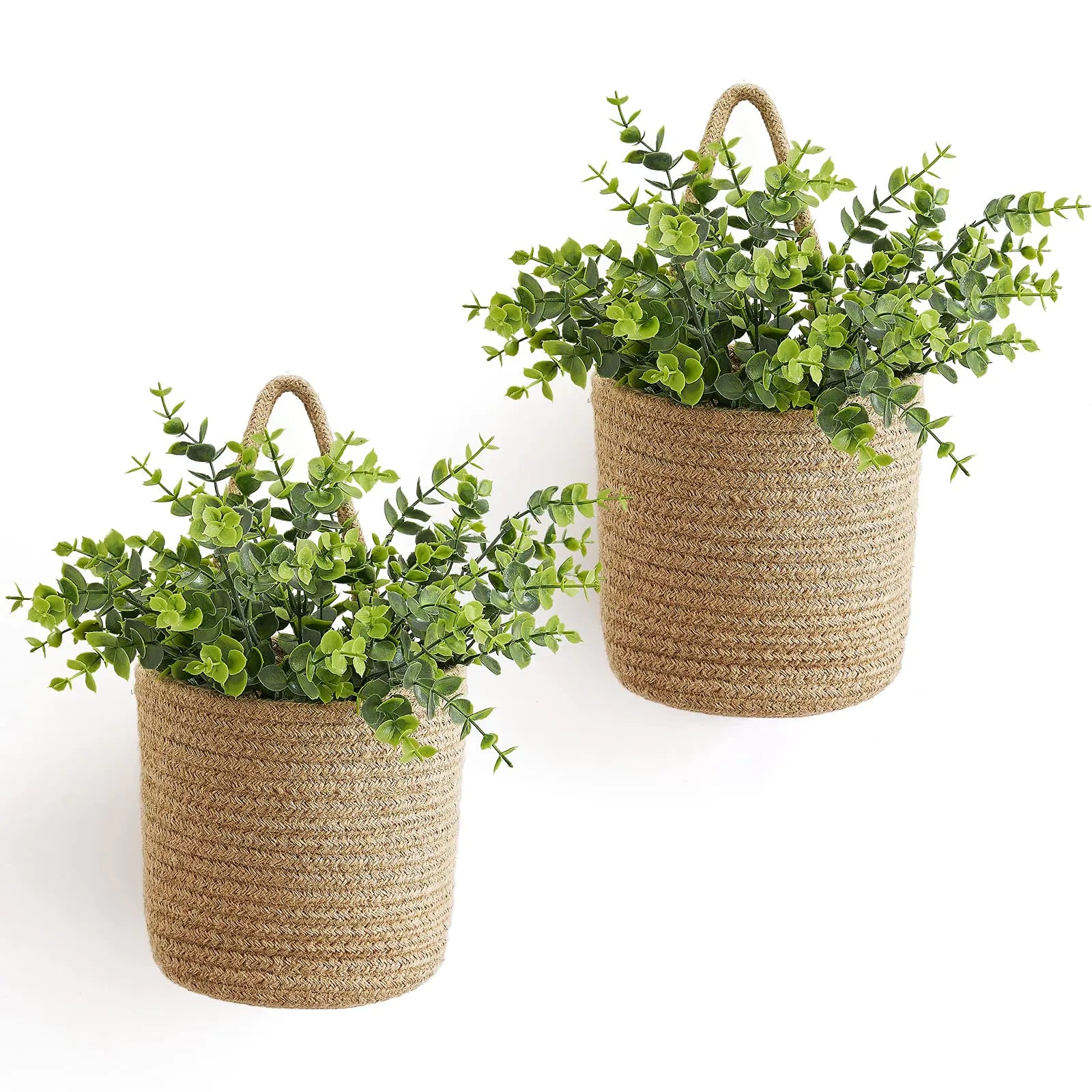 Pack Wall Hanging Rope Baskets with Artificial Eucalyptus