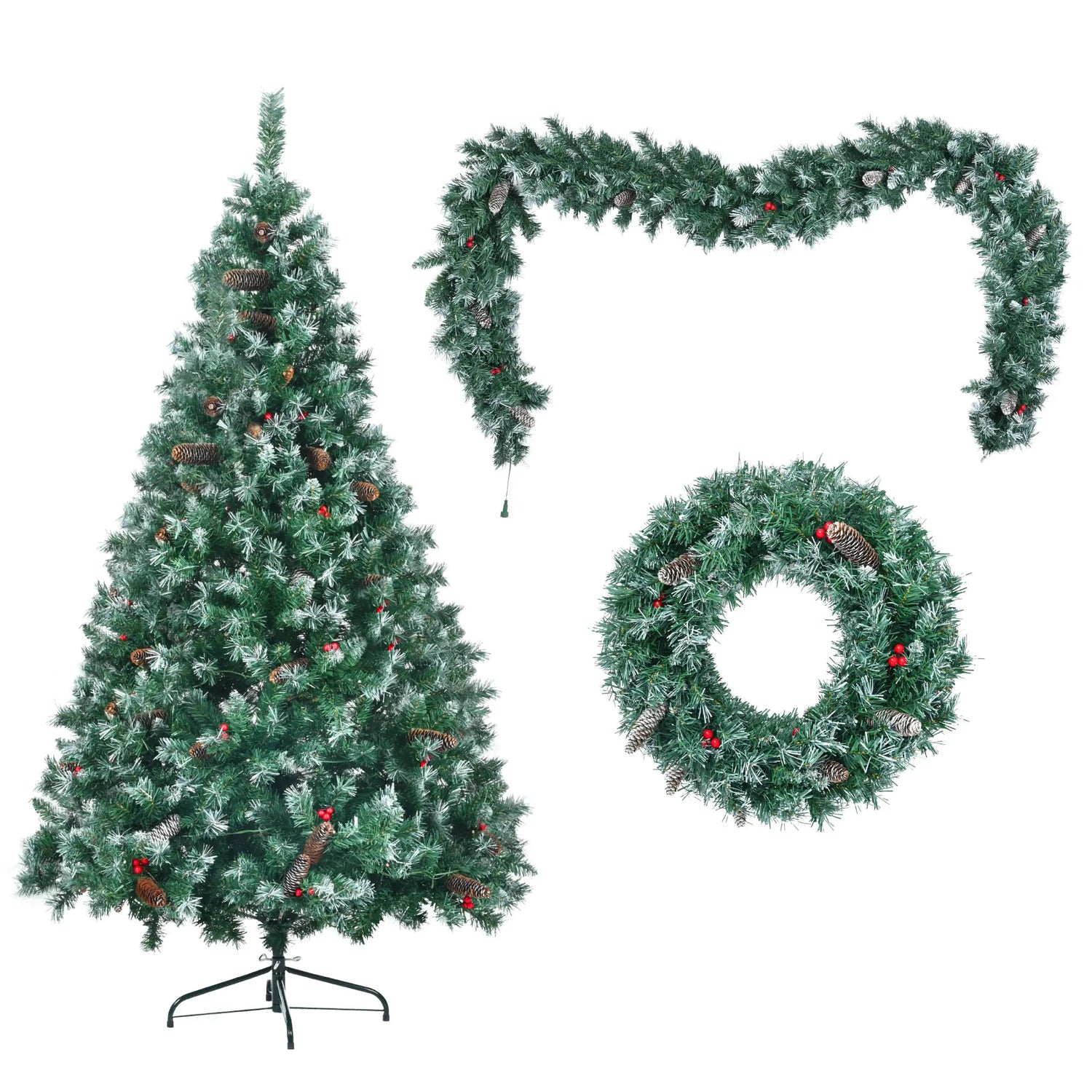 6 Feet Dark Green Pine Christmas Tree, Pre-Installed Lighting Set With Tree, Garland &amp; Garland, Hinged Artificial Christmas Tree,